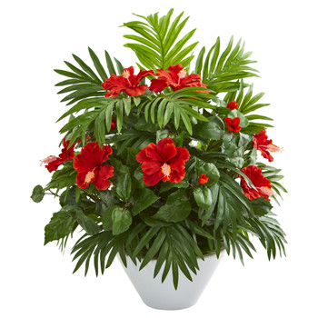 Hibiscus and Areca Palm Artificial Plant in White Bowl - SKU #8380