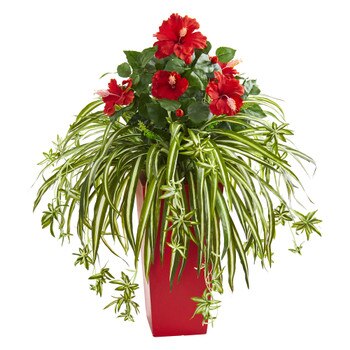 Hibiscus Spider Artificial Plant in Red Planter - SKU #8392