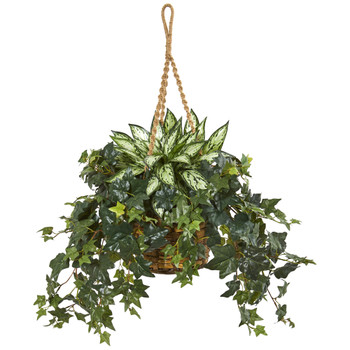 30 Silver Queen and Ivy Artificial Plant in Hanging Basket - SKU #8420