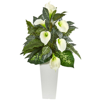 3 Calla Lily and Mixed Greens Artificial Plant in White Vase - SKU #8429