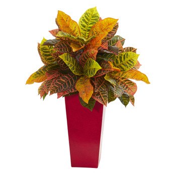 27 Croton Artificial Plant in White Tower Planter Real Touch - SKU #8510