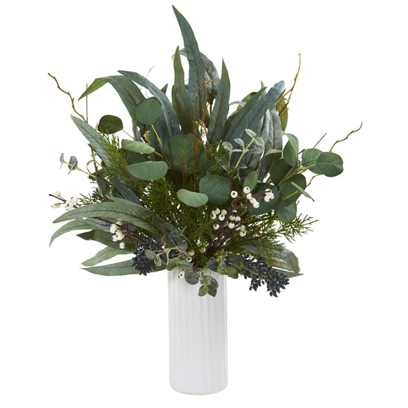 22 Eucalyptus Artificial Plant in White Cylinder Vase - SKU #8615