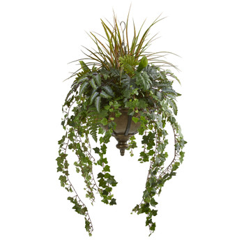 45 Ivy and Mix Greens Artificial Plant in Hanging Metal Bowl - SKU #8621