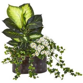29 Golden Dieffenbachia Ivy and Daisy Artificial Plant in Planter - SKU #8666
