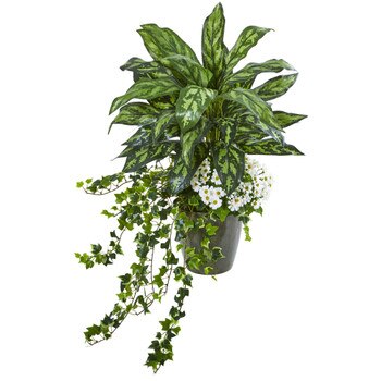 35 Silver King Ivy and Daisy Artificial Plant in Decorative Planter - SKU #8758