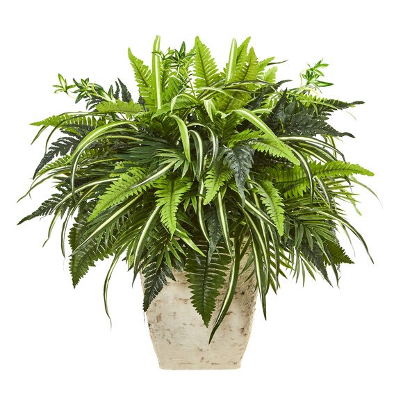 23 Mixed Greens and Fern Artificial Plant in White Planter - SKU #8774