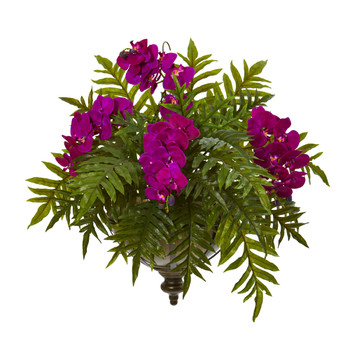 Phalaenopsis Orchid and Fern Artificial Plant in Metal Hanging Bowl - SKU #8801