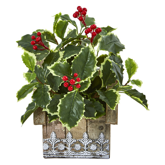 12 Variegated Holly Leaf Artificial Plant in Hanging Floral Design House Planter Real Touch - SKU #8830