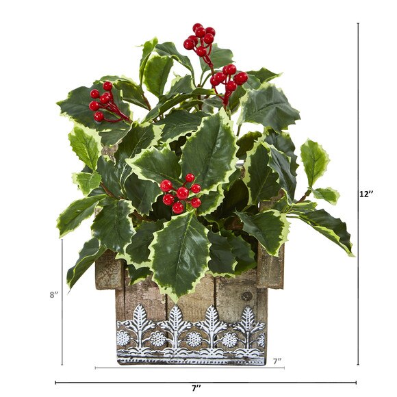 12 Variegated Holly Leaf Artificial Plant in Hanging Floral Design House Planter Real Touch - SKU #8830 - 1