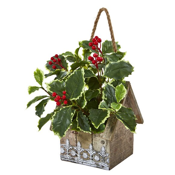 12 Variegated Holly Leaf Artificial Plant in Hanging Floral Design House Planter Real Touch - SKU #8830 - 2