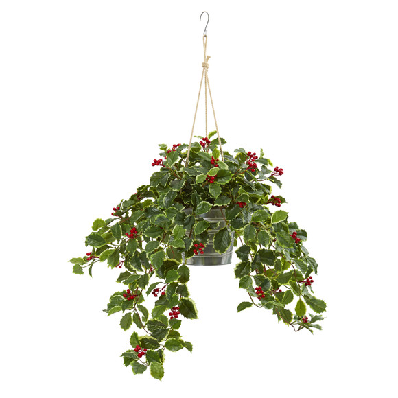 42 Variegated Holly Berry Artificial Plant in Hanging Bucket Real Touch - SKU #8879