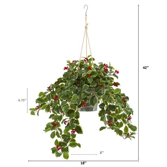 42 Variegated Holly Berry Artificial Plant in Hanging Bucket Real Touch - SKU #8879 - 1