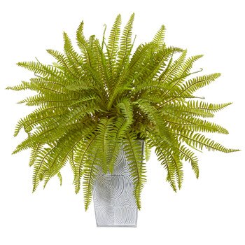 14 Fern Artificial Plant in Embossed White Planter - SKU #8925