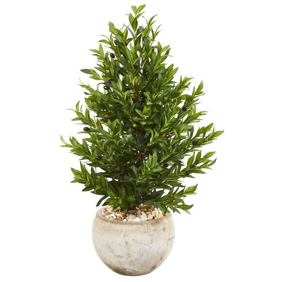 3 Olive Cone Topiary Artificial Tree in Sand Stone Planter UV Resistant Indoor/Outdoor - SKU #9320