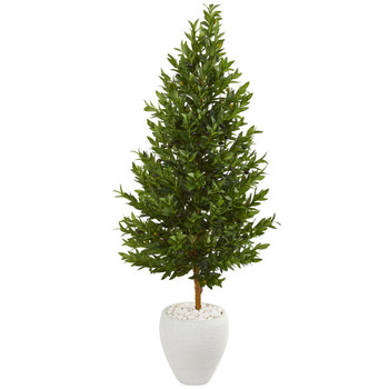 5 Olive Cone Topiary Artificial Tree in White Planter UV Resistant Indoor/Outdoor - SKU #9347