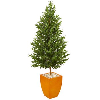 5.5 Olive Cone Topiary Artificial Tree in Orange Planter UV Resistant Indoor/Outdoor - SKU #9350