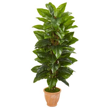 5 Large Leaf Philodendron Artificial Plant in Terra Cotta Planter Real Touch - SKU #9355