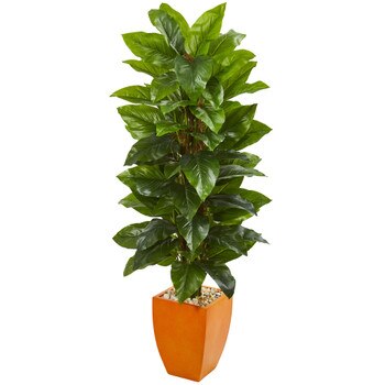 5.5 Large Leaf Philodendron Artificial Plant in Orange Planter Real Touch - SKU #9356