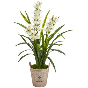 47 Cymbidium Orchid Artificial Plant in Farmhouse Planter - SKU #9446