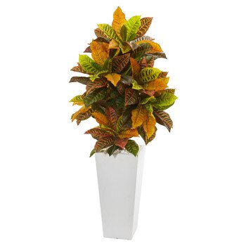 51 Croton Artificial Plant in White Tower Planter Real Touch - SKU #9463