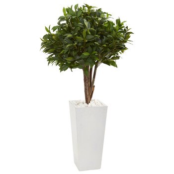 49 Bay Leaf Topiary Artificial Tree in White Tower Planter - SKU #9482