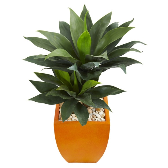 3 Double Agave Succulent Artificial Plant in Orange Planter - SKU #9518 - 1
