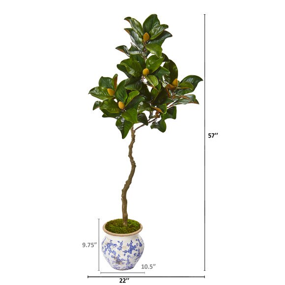57 Magnolia Artificial Tree in Vintage Floral Planter - SKU #9663 - 1