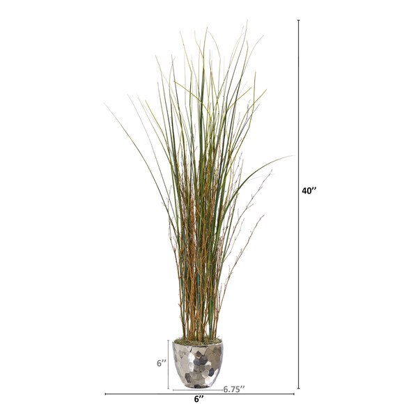 40 Grass and Bamboo Artificial Plant in Designer Silver Bowl - SKU #9681 - 1