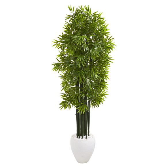 6 Bamboo Artificial Tree with Green Trunks in White Planter UV Resistant Indoor/Outdoor - SKU #9729