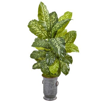 49 Dieffenbachia Artificial Plant in Vintage Metal Planter Real Touch - SKU #9784