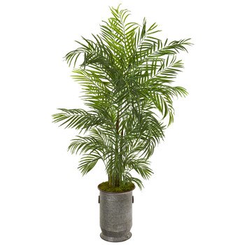 67 Areca Palm Artificial Tree in Vintage Metal Planter UV Resistant Indoor/Outdoor - SKU #9794