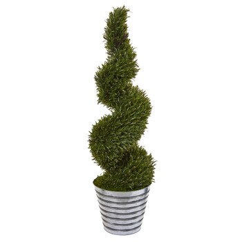53 Rosemary Spiral Topiary Artificial Tree in Decorative Tin Bucket Indoor/Outdoor - SKU #9847
