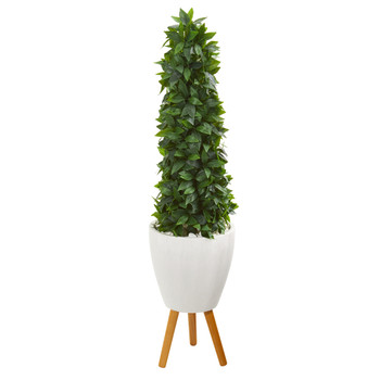 4 Sweet Bay Cone Topiary Artificial Tree in White Planter with Stand - SKU #9936