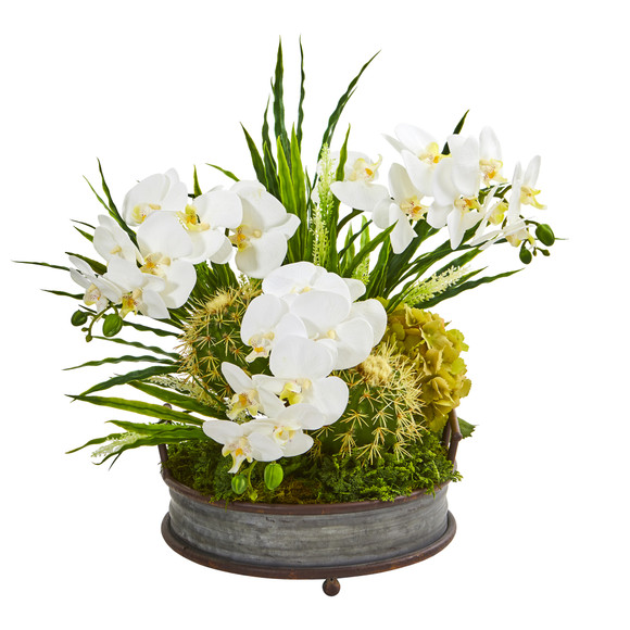 Phalaenopsis Orchid and Cactus Artificial Arrangement - SKU #A1003