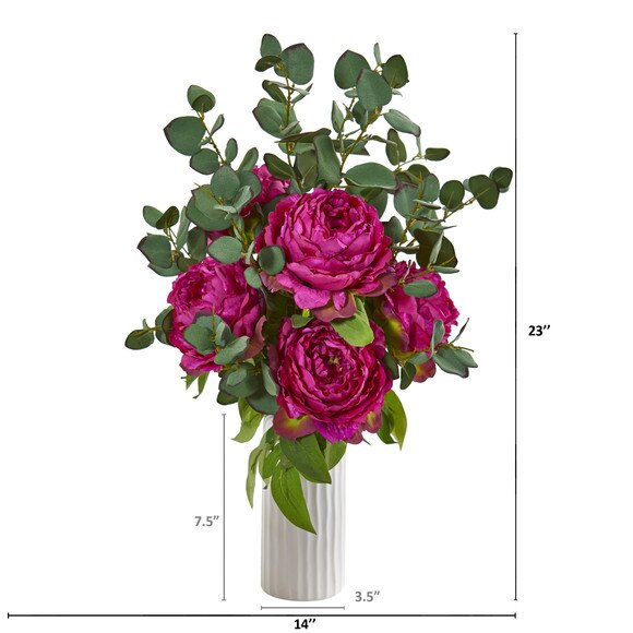 Peony and Eucalyptus Artificial Arrangement in White Vase - SKU #A1004-OR - 1