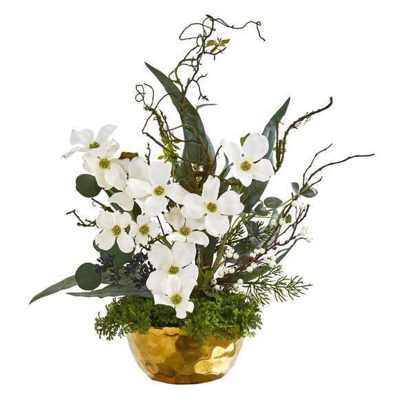 23 Dogwood Artificial Arrangement in Gold Vase - SKU #A1013