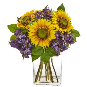 Sunflower and Lilac Artificial Arrangement in Vase - SKU #A1022