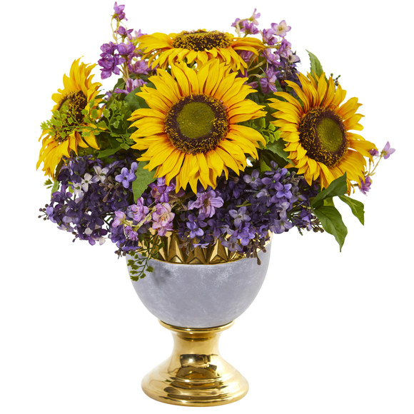 Sunflower and Lilac Artificial Arrangement in Stoneware Urn with Gold Trimming - SKU #A1024