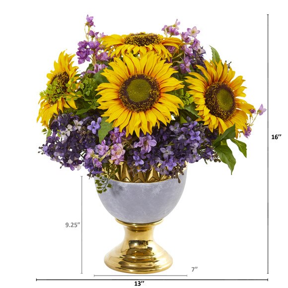 Sunflower and Lilac Artificial Arrangement in Stoneware Urn with Gold Trimming - SKU #A1024 - 1