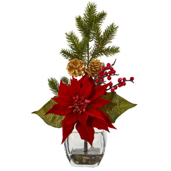 Poinsettia Berry and Pine Artificial Arrangement in Vase - SKU #A1061