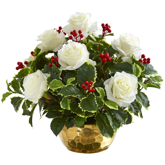 Rose and Variegated Holly Leaf Artificial Arrangement in Gold Bowl - SKU #A1069
