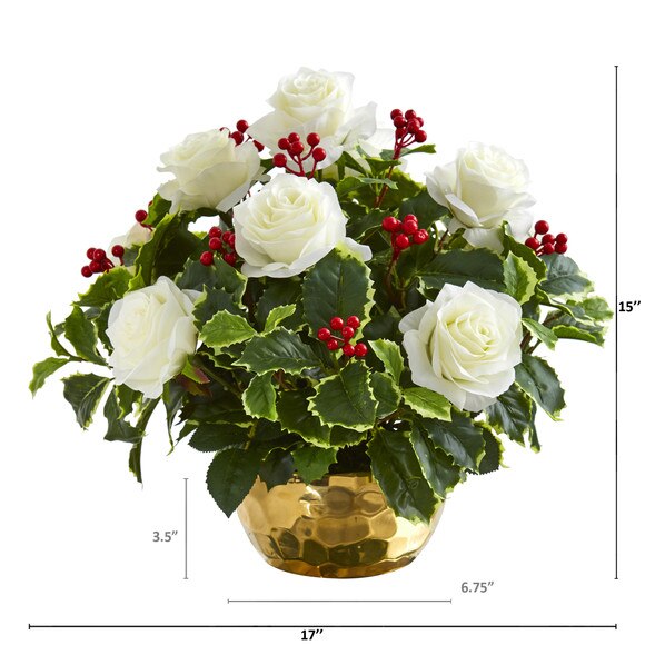 Rose and Variegated Holly Leaf Artificial Arrangement in Gold Bowl - SKU #A1069 - 1