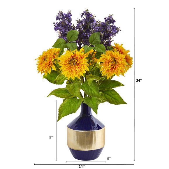 Sunflower and Lilac Artificial Arrangement in Blue and Gold Vase - SKU #A1076 - 1