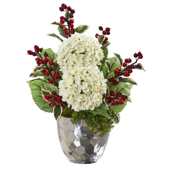 19 Hydrangea and Holly Berry Artificial Arrangement in Silver Bowl - SKU #A1086