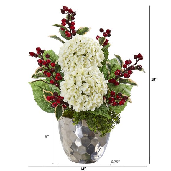 19 Hydrangea and Holly Berry Artificial Arrangement in Silver Bowl - SKU #A1086 - 1