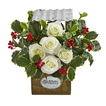 14 Rose and Variegated Holly Leaf Artificial Arrangement in Tin Roof Planter - SKU #A1088