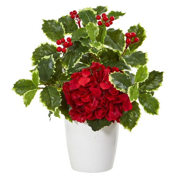 14 Hydrangea and Holly Leaf Artificial Arrangement in White Vase - SKU #A1090