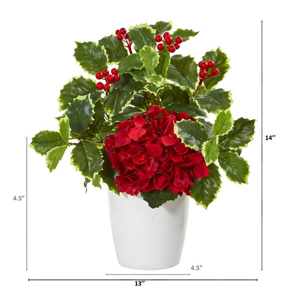 14 Hydrangea and Holly Leaf Artificial Arrangement in White Vase - SKU #A1090 - 1