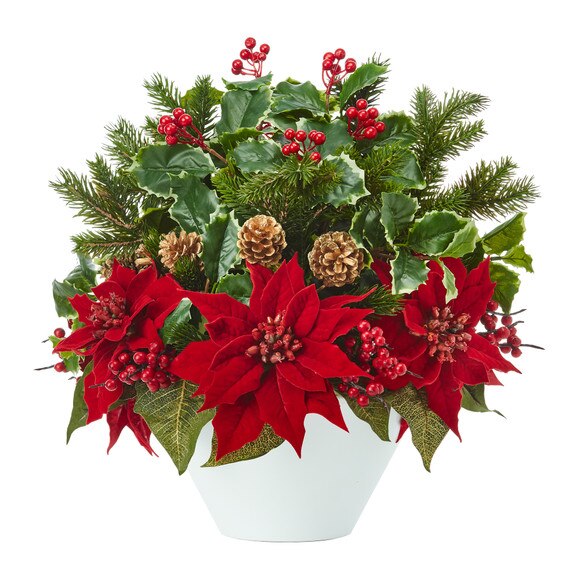 18 Poinsettia Holly Leaf and Pine Artificial Arrangement in White Vase - SKU #A1095