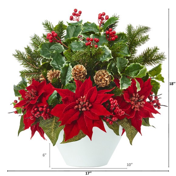 18 Poinsettia Holly Leaf and Pine Artificial Arrangement in White Vase - SKU #A1095 - 1